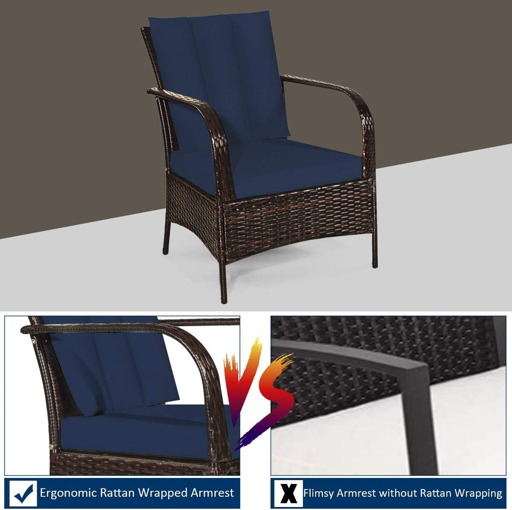 Tangkula 3 Piece Patio Furniture Set, 2 Wicker Chairs with Glass Top Coffee Table, Outdoor Garden Porch Poolside Furniture Set for 2, Rattan Conversation Set