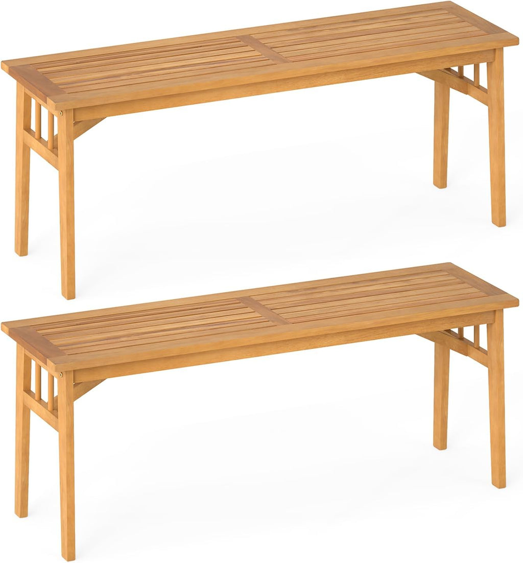 Tangkula Outdoor Acacia Wood Bench Set of 2, 48' Patio Dining Bench with Slatted Seat, Backless Wooden Entryway Bench, Farmhouse Indoor Outdoor Furniture for Garden, Poolside, Park & Deck