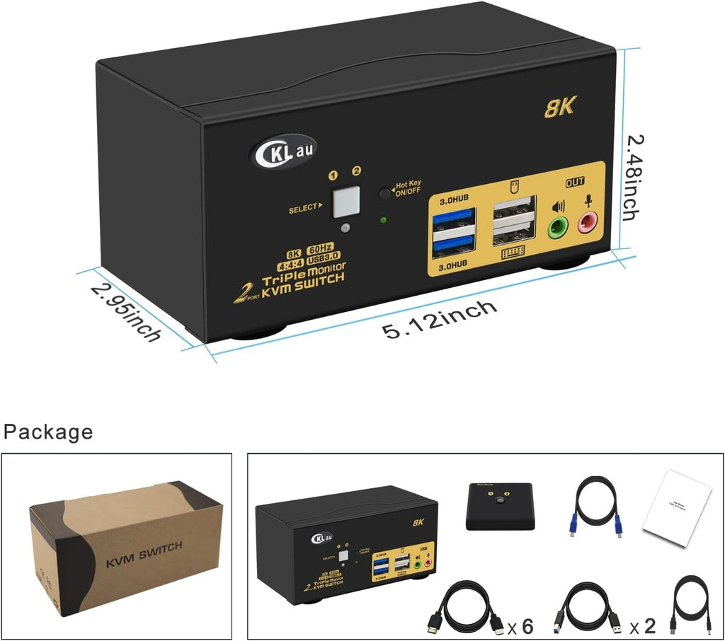 2 Port USB 3.0 Triple Monitor KVM Switch HDMI 2.1 8K@60Hz 4K@144Hz with Audio and All Input Cable for 2 Computers 3 Monitors Supports Hotkey Switching