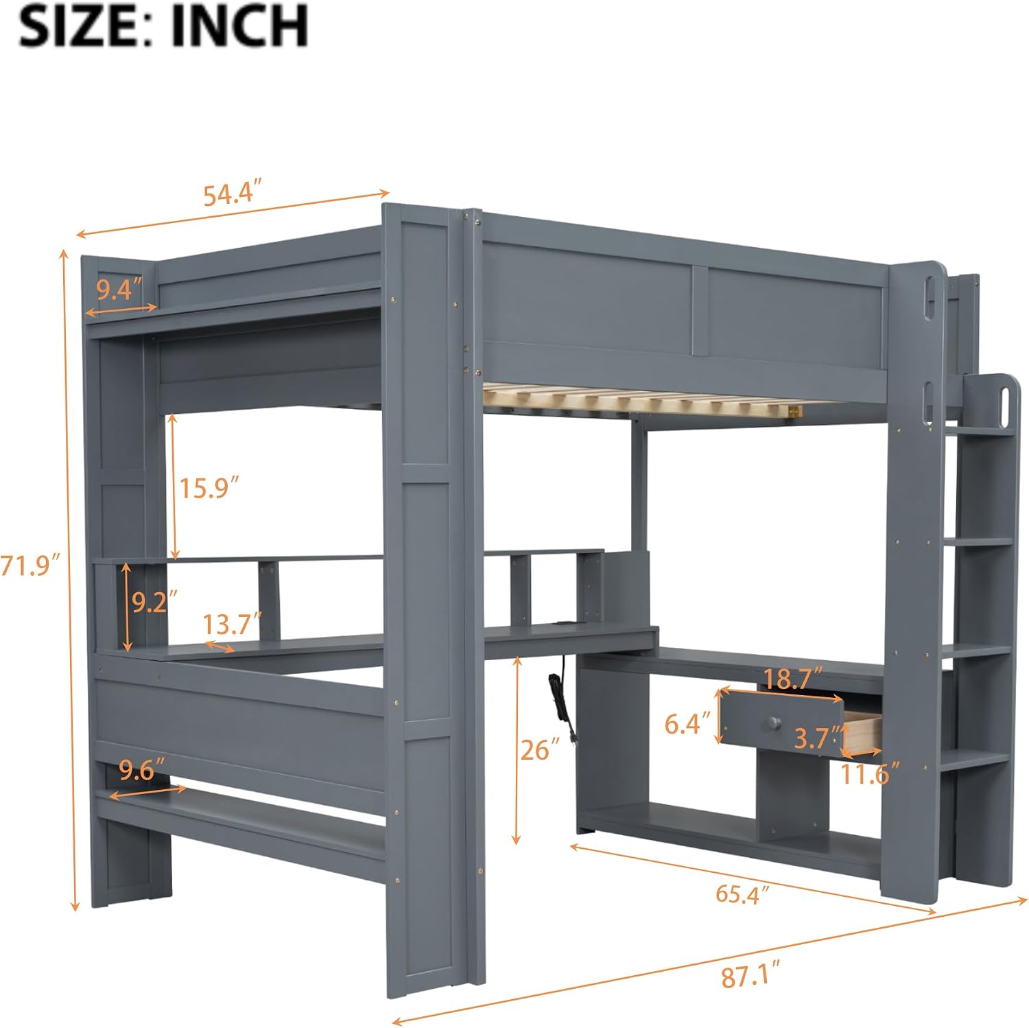 Merax Loft Bed Full Size with Gaming Desk, Mulfunctional Wood Loft Bed with Storage Shelves, Drawer and Charging Station, for Teens Adults (Dark Grey)