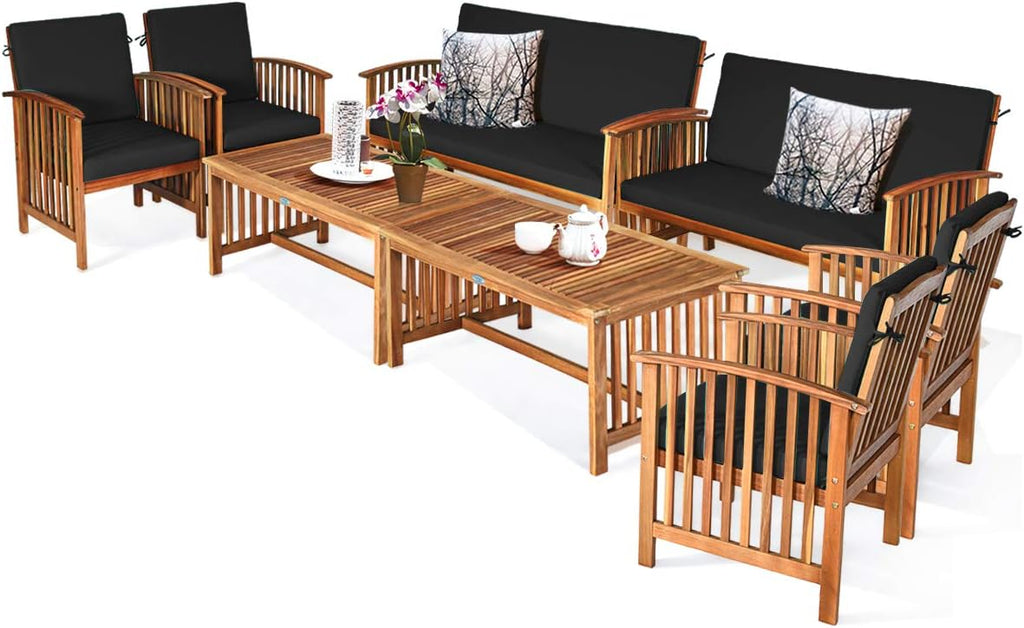 Tangkula 8 PCS Outdoor Acacia Wood Sofa Set with Water Resistant Cushions, Padded Patio Seating Chat Set w/Coffee Table for Garden, Backyard, Poolside (2, Black)