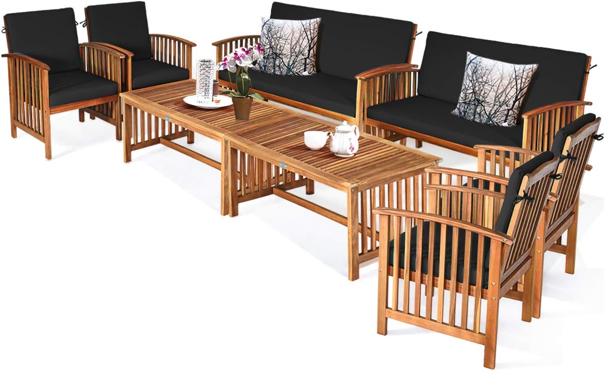 Tangkula 8 PCS Outdoor Acacia Wood Sofa Set with Water Resistant Cushions, Padded Patio Seating Chat Set w/Coffee Table for Garden, Backyard, Poolside (2, Black)