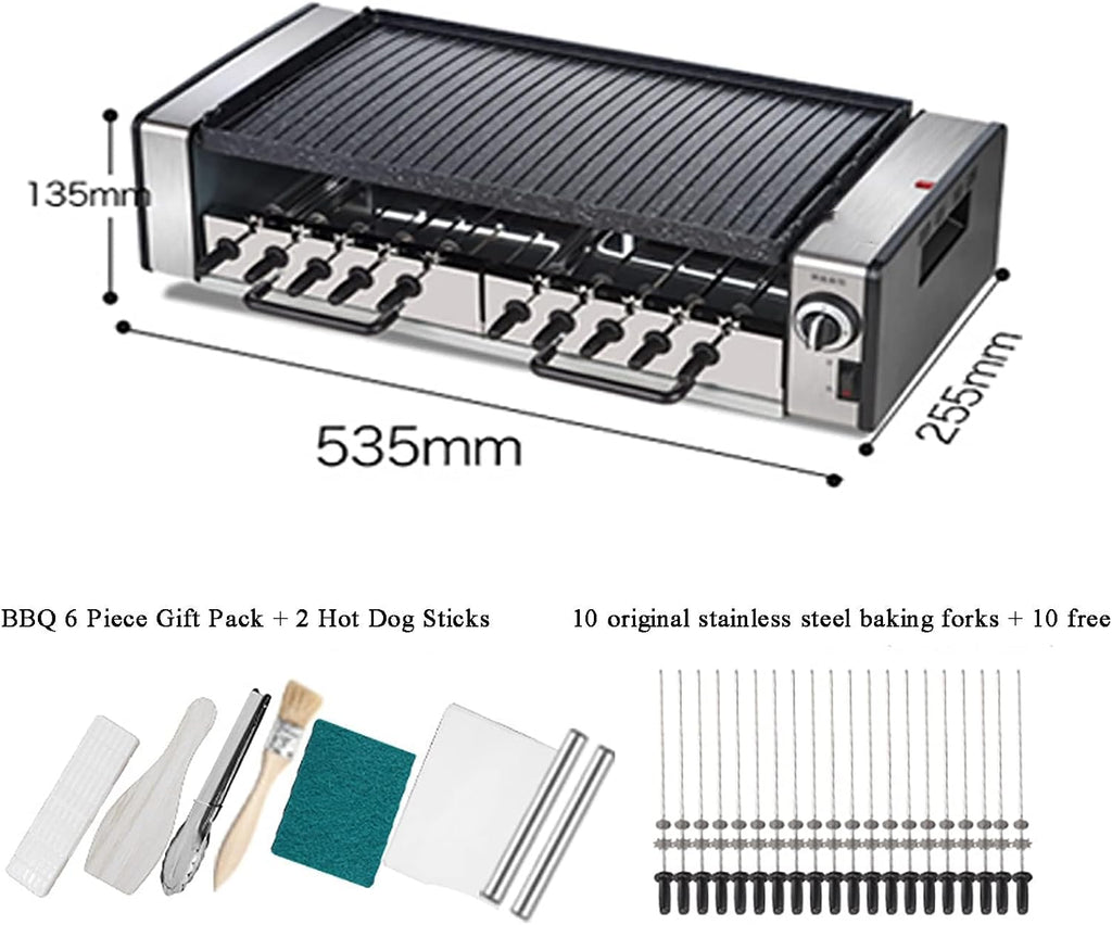 Multifunction Electric Smokeless Barbecue Indoor BBQ, Double Layer Electric Grill, Automatic Rotating 10-pin Skewers Machine, 1600 W Power Knob Control Hot Plate For Kitchen Dinner Party Camping