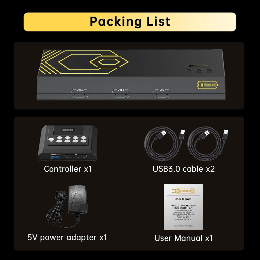 4K@60Hz HDMI KVM Switch USB 3.0 2 Monitors 2 Computers EDID Emulators,Dual Monitor KVM Switch for 2PC Share 2 Displays and 4 USB 3.0 Ports SPDIF L/R Audio,Copy/Extended Mode,2USB Cable and Controller.