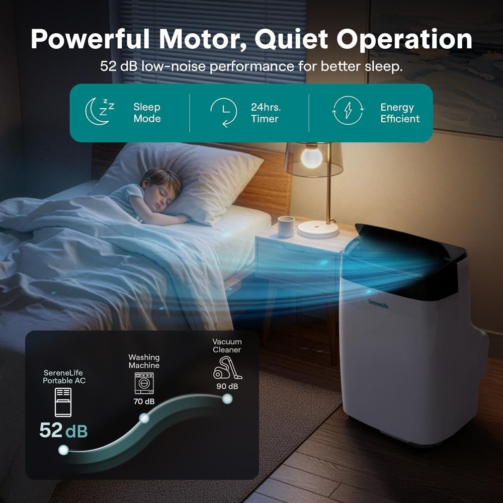 SereneLife Portable Air Conditioner, Dehumidifier & Fan | 3-in-1 8,000 BTU AC With Temperature Ranges 64°F–90°F & Cools 350 SQ FT | Includes 3 Fan Speeds, Remote Control, & Window Exhaust Kit | White