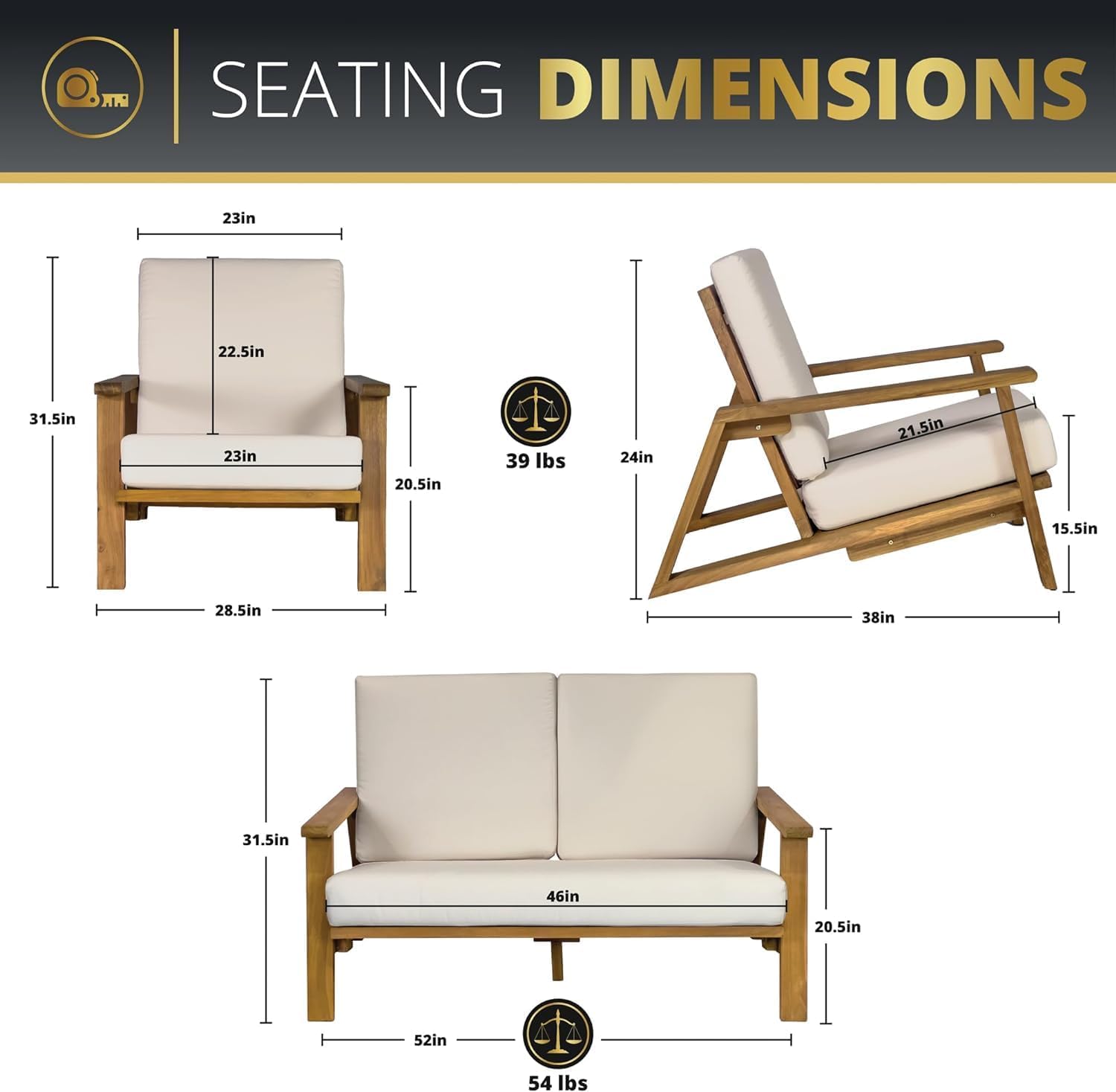 4-Piece Deep Seating Teak Wood Patio Furniture Set, Teak Wood Outdoor Conversation Sofa Set with Cushioned Loveseat, Armchairs and Coffee Table for Garden, Deck, Backyard