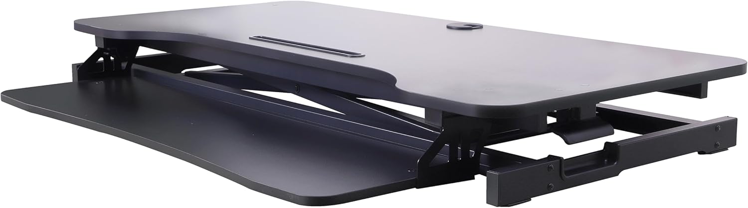 Rocelco 43' Height Adjustable Standing Desk Converter - Tall Sit Stand Up Tabletop Riser with Tablet Slot - Home Office Computer Workstation - Deep Keyboard Tray for Laptop Mouse - Black (R VADRB-43)