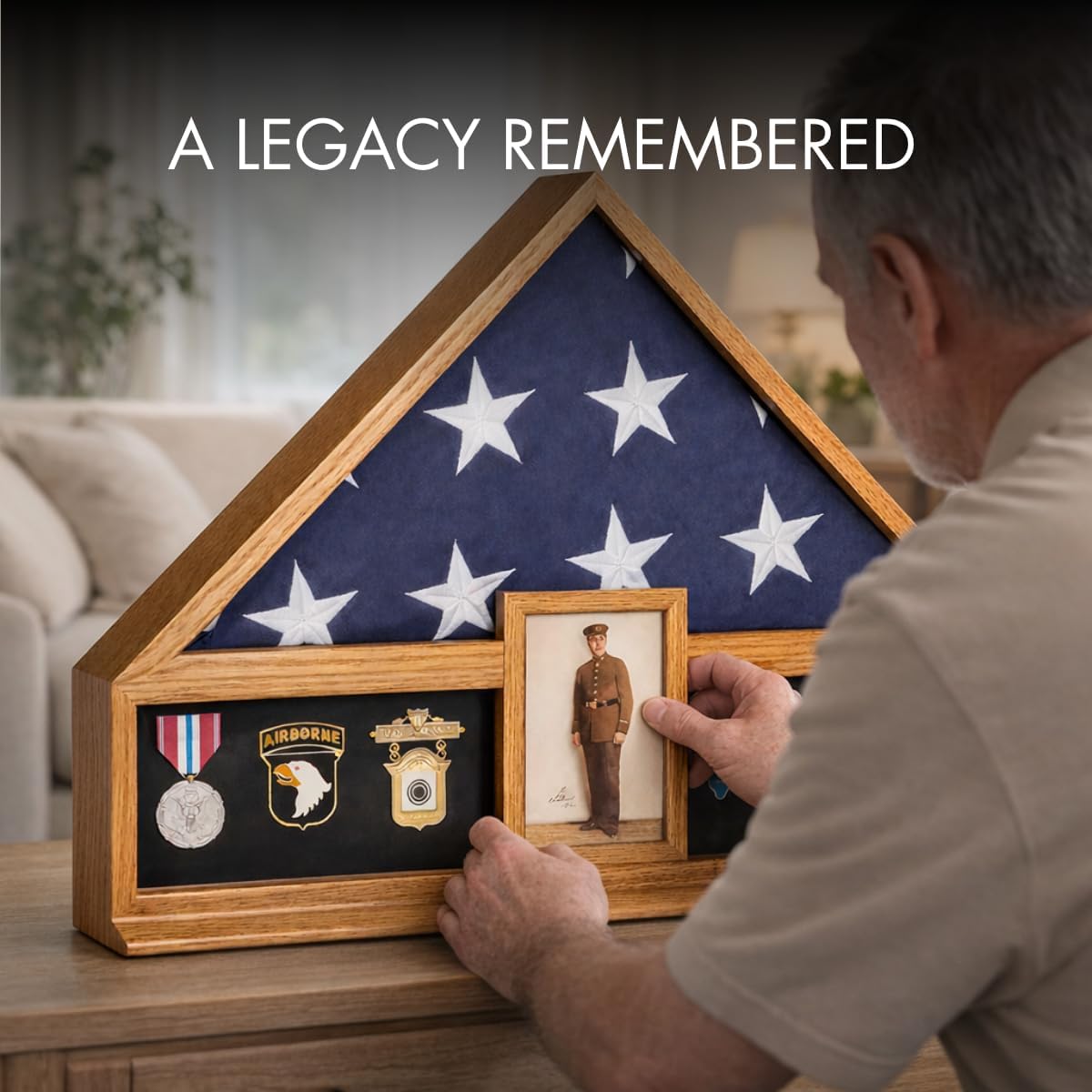 Bey-Berk Custom Personalized American Flag Display Case for 5' x 9.5' Burial Memorial Flag, Military Medal Shadow Box with Glass Front and 4'x 6' Picture Frame (Oak)