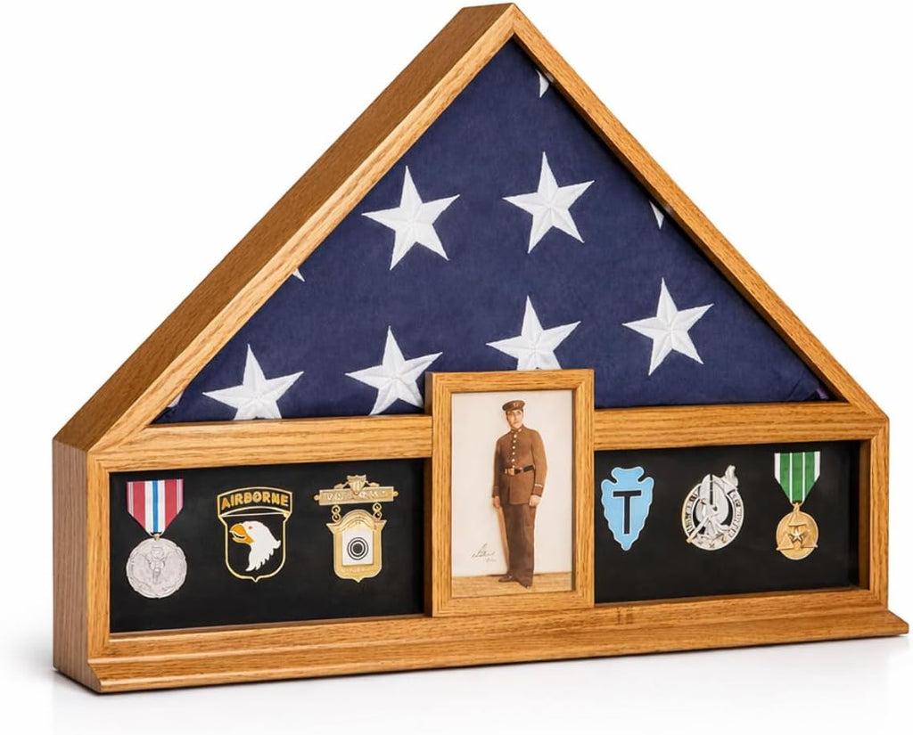 Bey-Berk Custom Personalized American Flag Display Case for 5' x 9.5' Burial Memorial Flag, Military Medal Shadow Box with Glass Front and 4'x 6' Picture Frame (Oak)