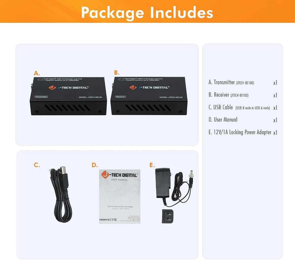 J-Tech Digital USB Over Ethernet Extender USB Balun Over cat5e cat6 99m/328ft PoC, Play and Plug, No Driver Needed, USB2.0 for Game Controller, MAC & PC and USB2.0 Supported Devices [JTECH-BE100]