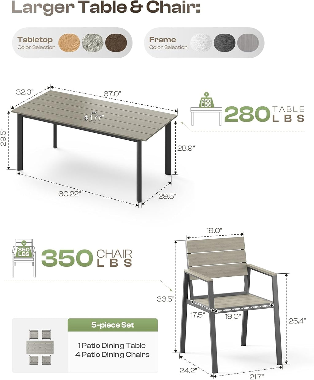 67'*32.3'*29.5' Patio Dining Table, Seamless Rectangle Aluminum + HDPS Outdoor Patio Dining Table with Umbrella Hole, Weather-Resistant for Lawn, Garden, Yard and Indoor Use (Gray)