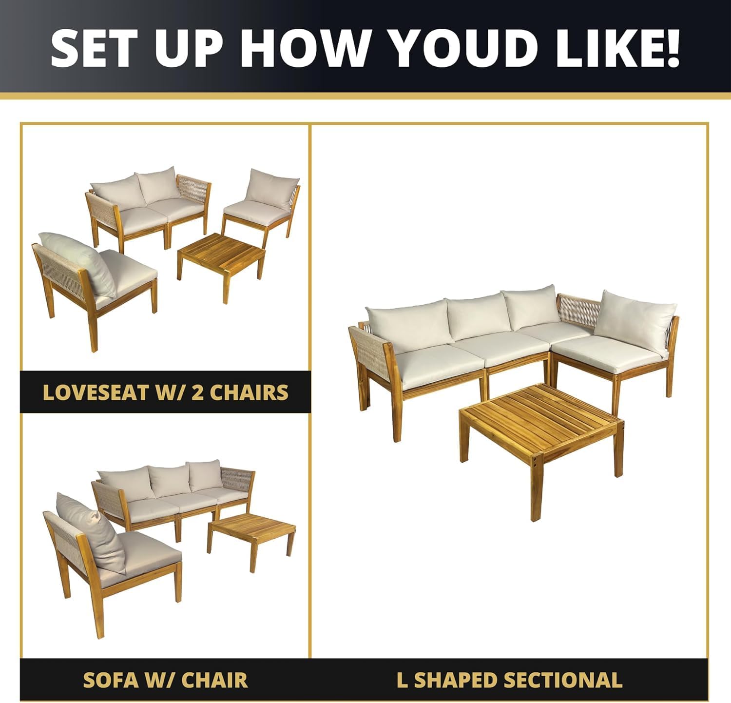 5-Piece Acacia Wood Outdoor Patio Furniture Set, Modern Conversational Chat Set with Water-Resistant Cushions, Space-Saving Sectional Sofa for Small Balcony, Deck, Backyard, Natural Brown