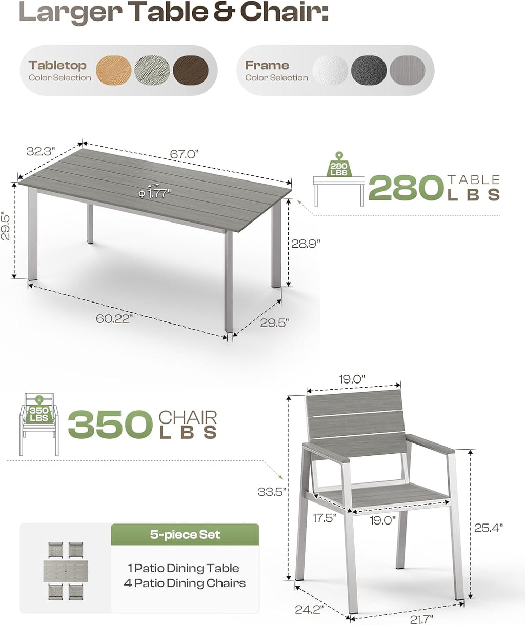 67' Rectangle HDPS Patio Dining Table, Aluminum Outdoor Patio Dining Table with Umbrella Hole, Weather-Resistant for Lawn, Garden, Yard, Poolside and Indoor Use (Gray & Teak)