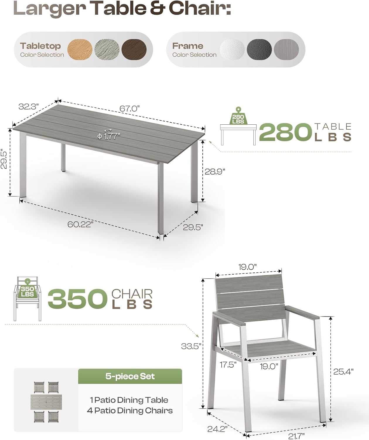 67' Rectangle HDPS Patio Dining Table, Aluminum Outdoor Patio Dining Table with Umbrella Hole, Weather-Resistant for Lawn, Garden, Yard, Poolside and Indoor Use (Gray & Teak)