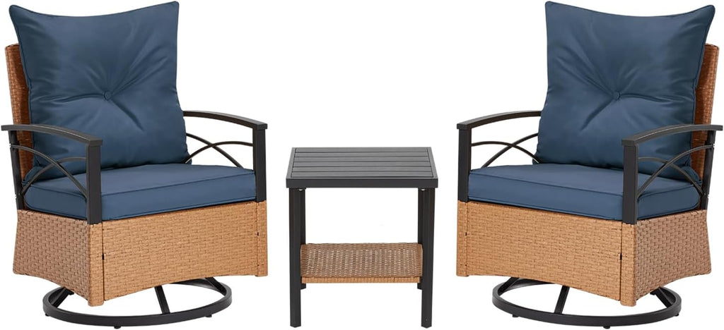 MELLCOM 3 Pieces Patio Furniture Set, Outdoor Swivel Patio Rocker Chairs with Thick Cushions and 2-Tier Coffee Table, Oversize Wicker Bistro Conversation Sets for Garden, Balcony, Backyard, Blue