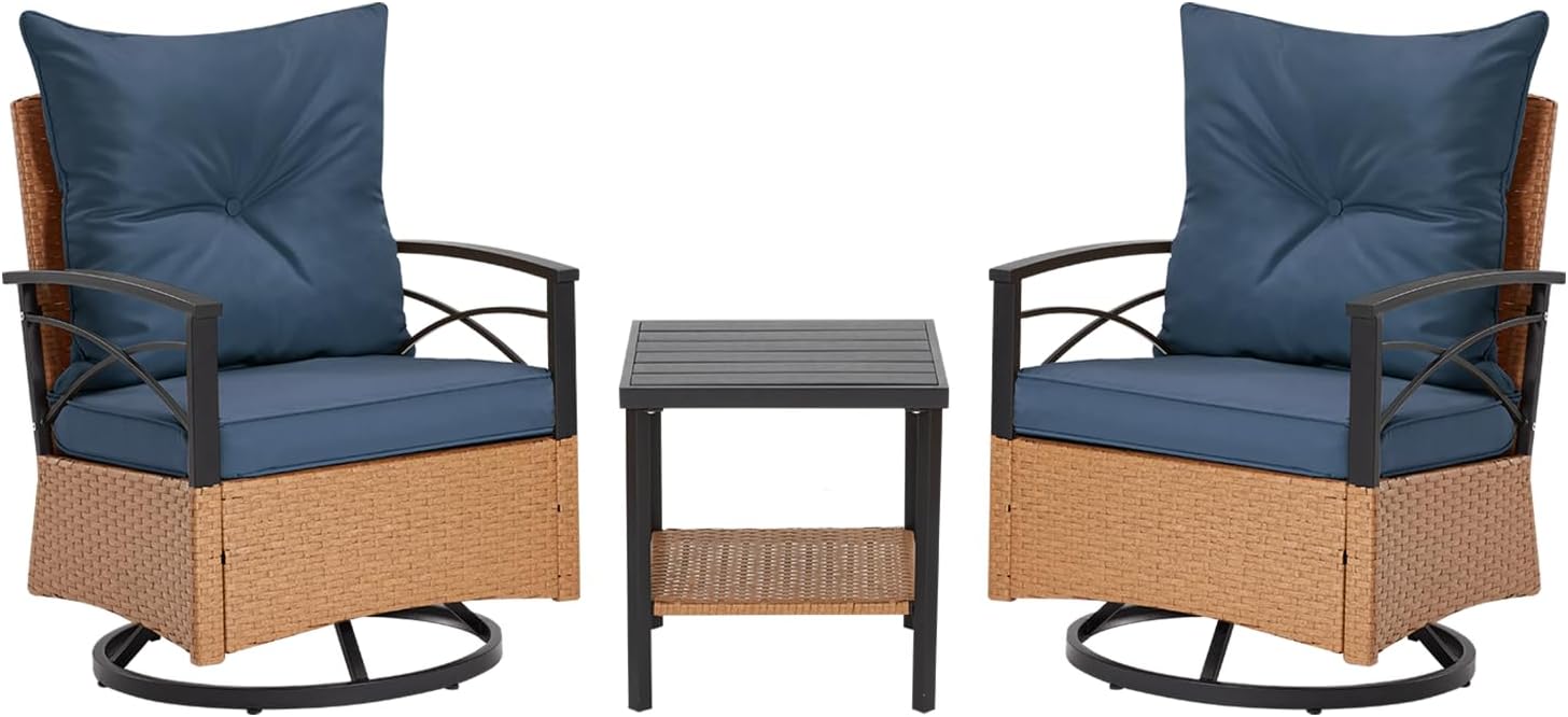 MELLCOM 3 Pieces Patio Furniture Set, Outdoor Swivel Patio Rocker Chairs with Thick Cushions and 2-Tier Coffee Table, Oversize Wicker Bistro Conversation Sets for Garden, Balcony, Backyard, Blue