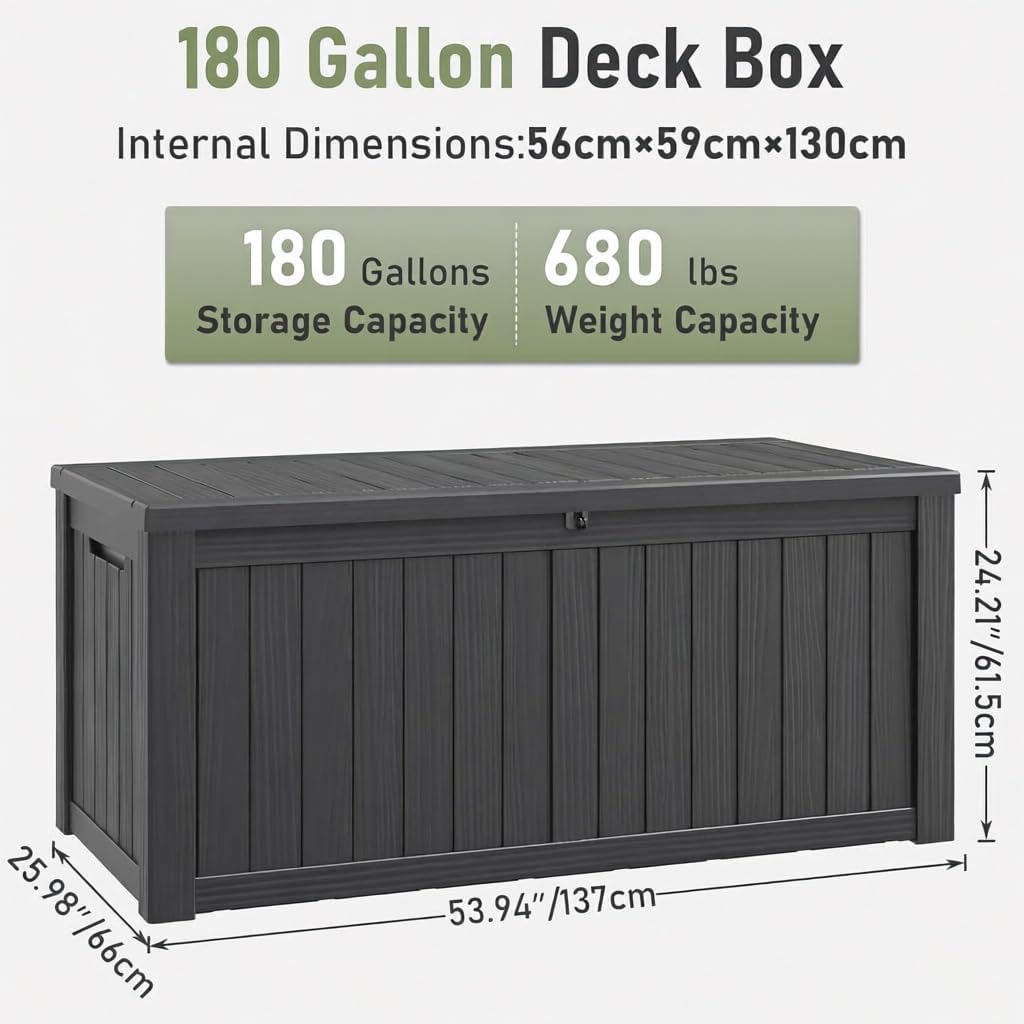 NUNU LAB 180 Gallon Outdoor Storage Box,Resin Large Sturdy Deck Box, Backyard Outside Storage Box Waterproof with Double Wall Panels,Package Delivery Box,Garden Box,Tool Box,Outdoor Hose Storage Bin