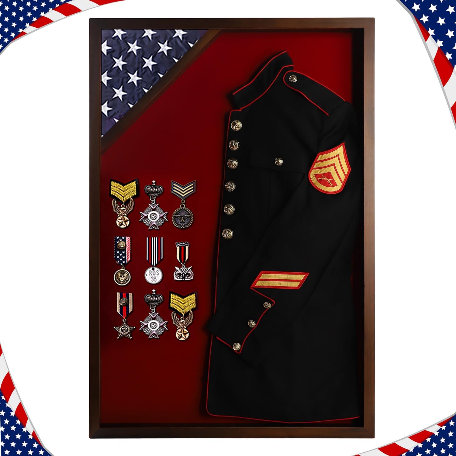 Flag Display Case Military Uniform Shadow Box Fits a Folded 3'x5' Army Navy Air Force Veterans Home Flown Flag with Police Uniform Jacket Display and Felt Lining for Badges and Medals, Walnut Finish