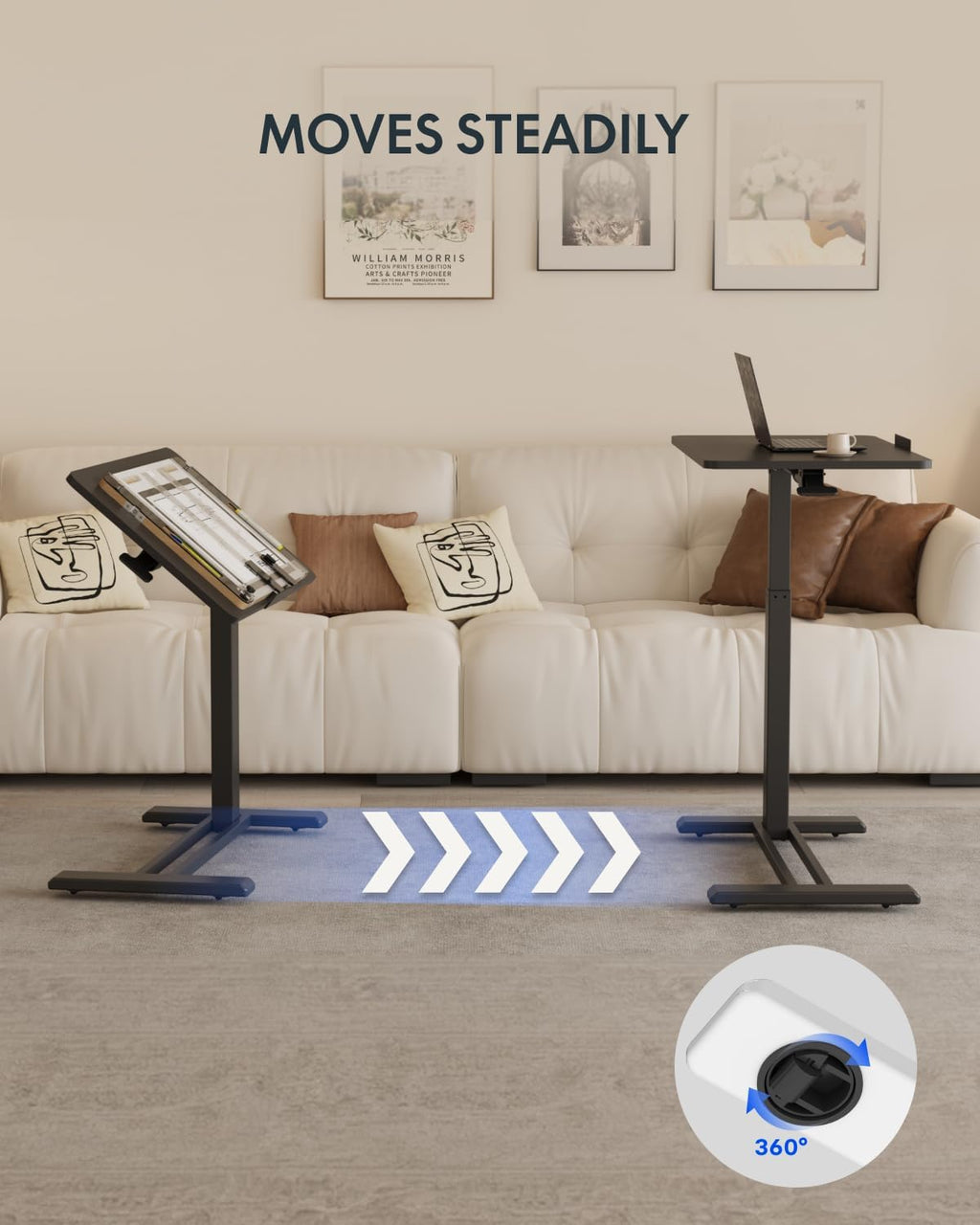 FLEXISPOT H7 PRO Mobile Standing Desk Adjustable Overbed Table Pneumatic with Wheels 55°Tiltable Portable Laptop Desk Rolling Computer Cart Foldable Bedside Table(27.6' W x 15.7' D, Black)