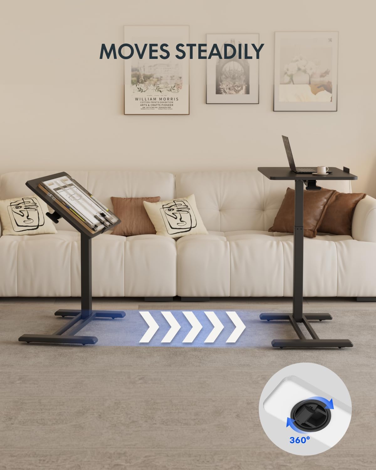 FLEXISPOT H7 PRO Mobile Standing Desk Adjustable Overbed Table Pneumatic with Wheels 55°Tiltable Portable Laptop Desk Rolling Computer Cart Foldable Bedside Table(27.6' W x 15.7' D, Black)