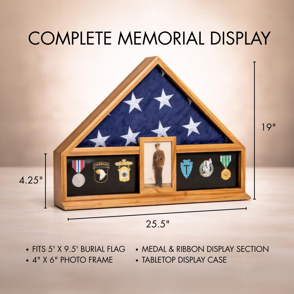 Bey-Berk Custom Personalized American Flag Display Case for 5' x 9.5' Burial Memorial Flag, Military Medal Shadow Box with Glass Front and 4'x 6' Picture Frame (Oak)