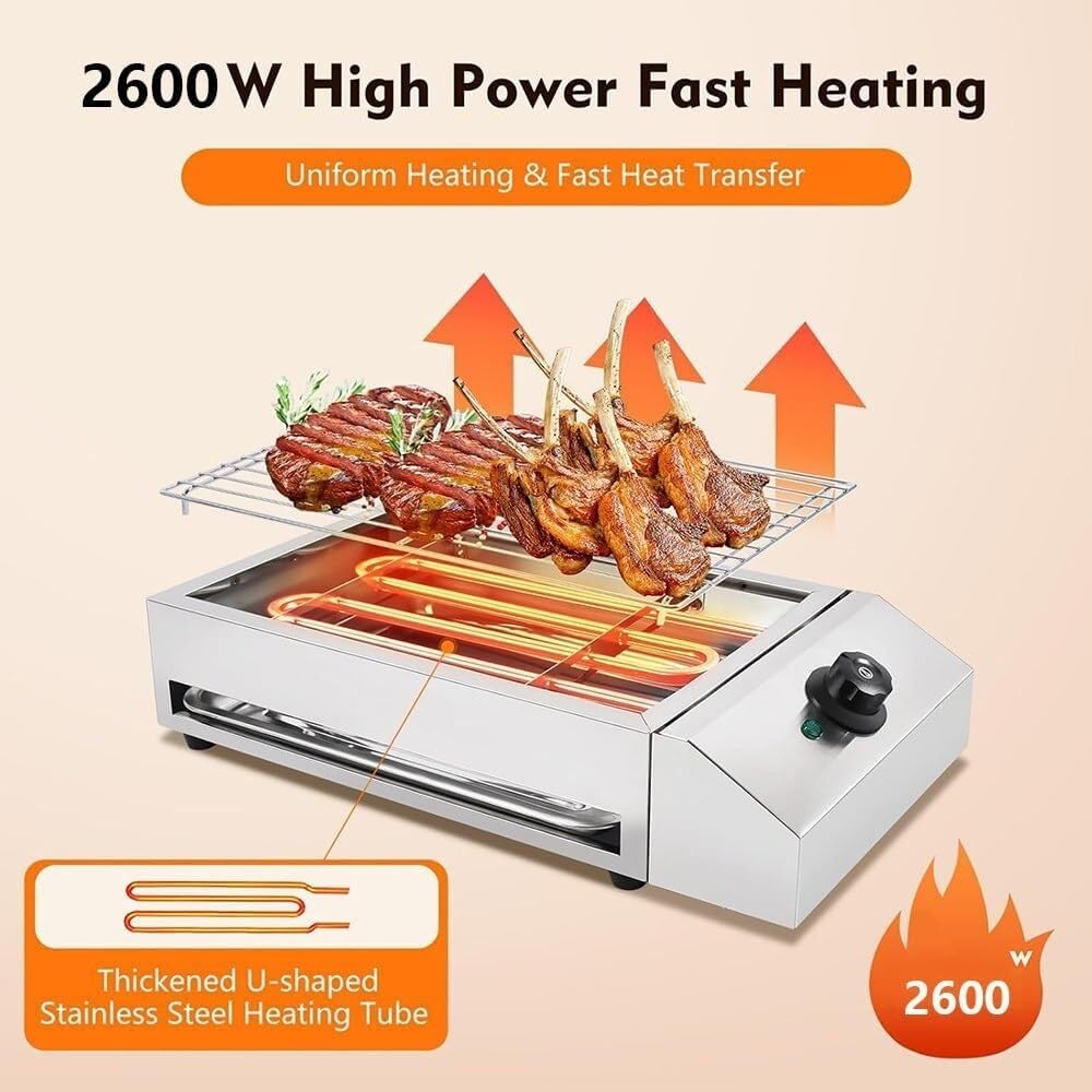 Indoor Grill, 2600W Electric, Smokeless, Even Heating, Portable, Grease Collection Tray,Single Plate, For Family Parties, Outdoor Grilling or Commercial Use
