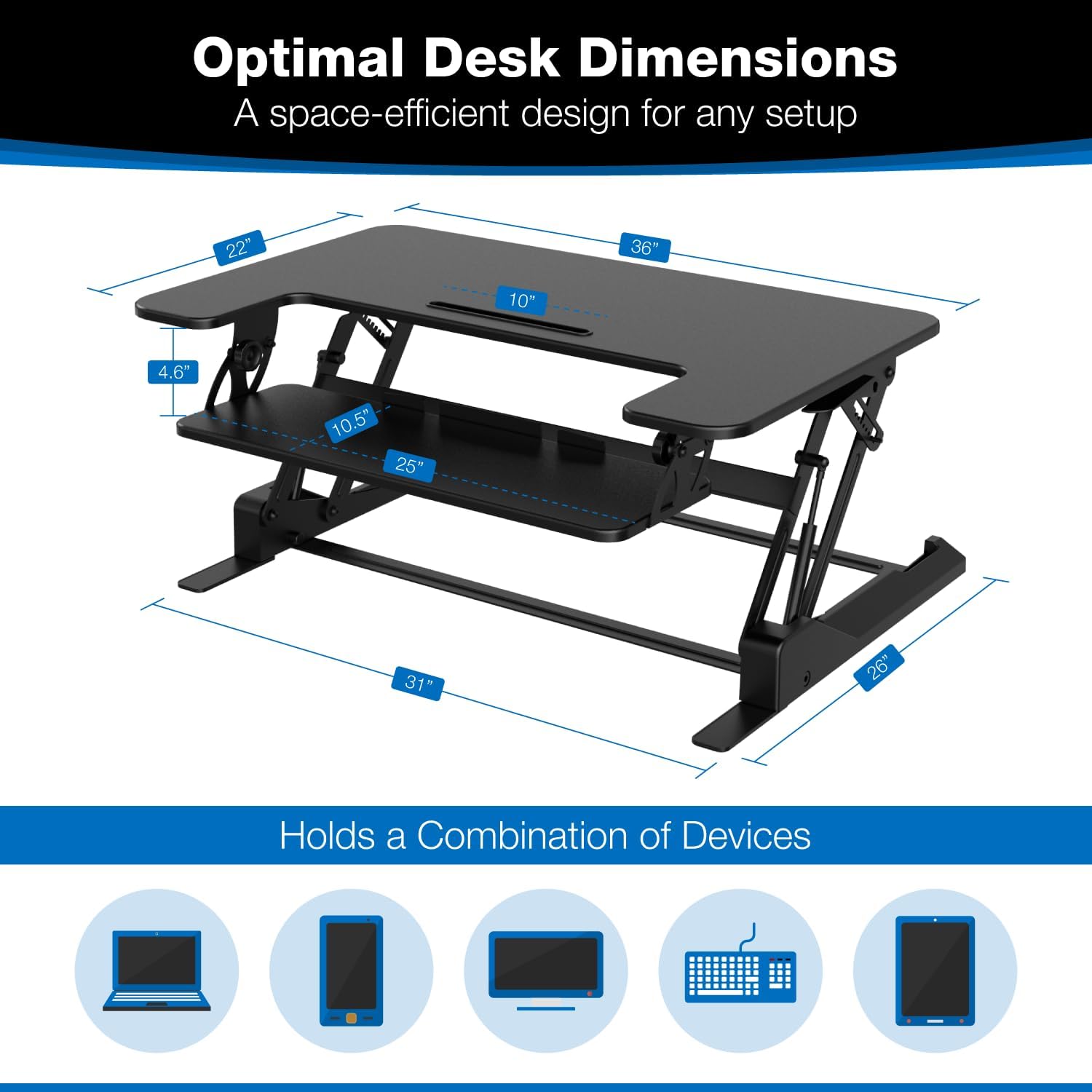 Mount-It! Standing Desk Converter - Height Adjustable Stand Up Riser with Manual Lift, 36.5' x 22' Desktop, Stand up Convertor in Black, Fits Dual Monitors, Laptop and Keyboard Mouse Tray