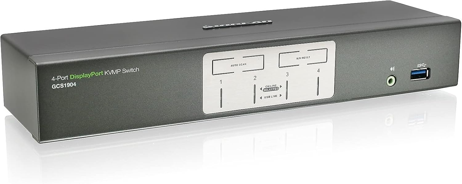 IOGEAR 4-Port DisplayPort KVMP Switch - 4K 30Hz - 2-Port USB 3.1 Hub Rate 5Gbps - Keyboard Mouse Input - 7.1 HD Audio - Front Panel Selector - TAA Compliant - Mac/Win - GCS1904 Black