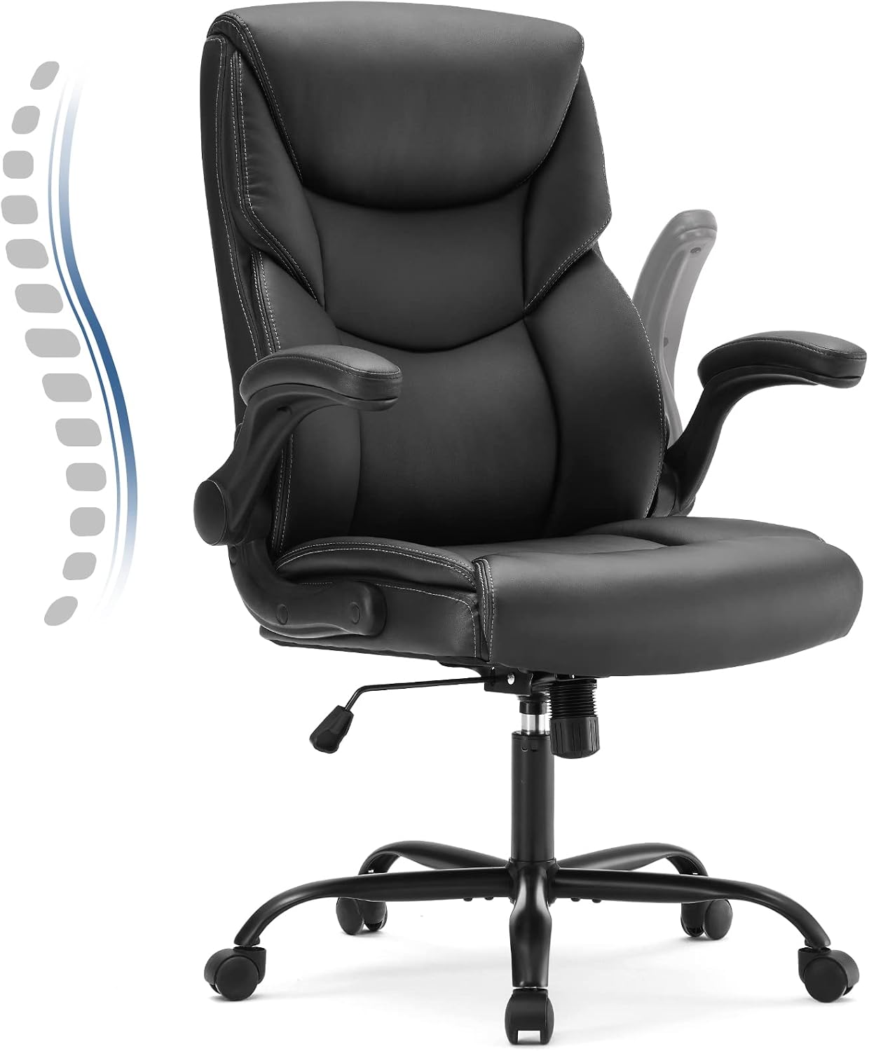 DUMOS Office Chair Set of 2 - Ergonomic Executive Computer Desk Chairs with Adjustable Flip-up Armrest, Swivel Task Chair with Lumbar Support, Strong Metal Base, PU Leather, Black