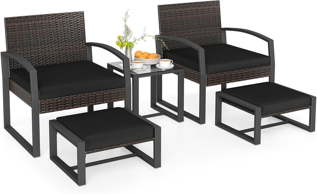 Tangkula 5 Pieces Wicker Patio Conversation Set, Outdoor PE Rattan Chair with Ottoman Set with Glass Side Table, 2-Person Small Balcony Furniture Seating Set with Cushions for Porch, Backyard, Deck