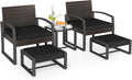 Tangkula 5 Pieces Wicker Patio Conversation Set, Outdoor PE Rattan Chair with Ottoman Set with Glass Side Table, 2-Person Small Balcony Furniture Seating Set with Cushions for Porch, Backyard, Deck