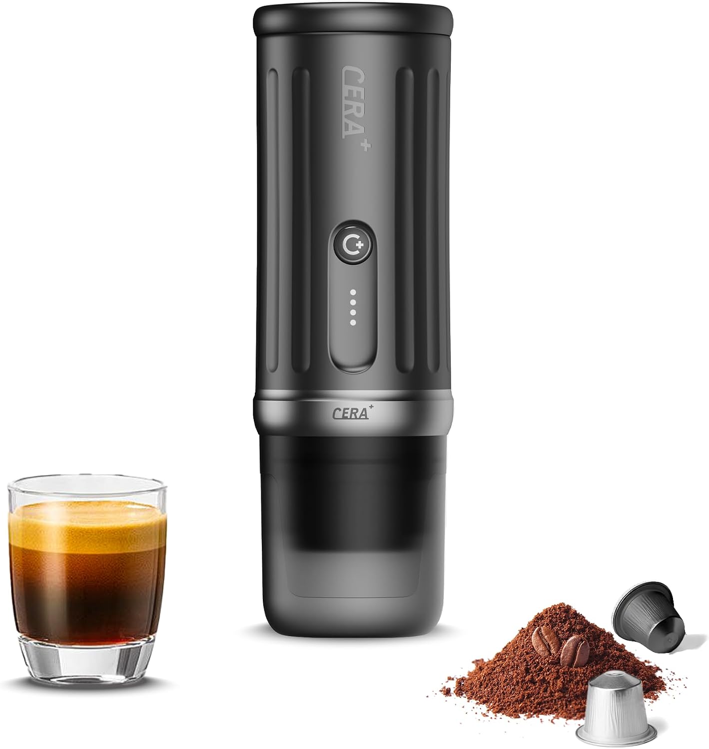 CERA+ Portable Coffee Maker Electric Espresso Machine, Self-Heating 8 Cups per Charge & 20 Bar Small Coffee Maker for Travel & RV, Single Serve Coffee Maker with USB-C Works with NS Capsules & Grounds