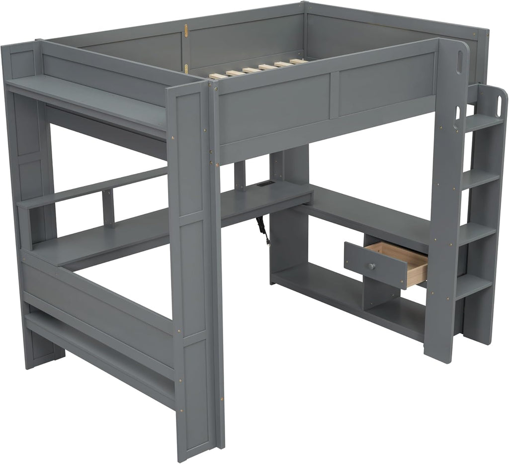 Merax Loft Bed Full Size with Gaming Desk, Mulfunctional Wood Loft Bed with Storage Shelves, Drawer and Charging Station, for Teens Adults (Dark Grey)