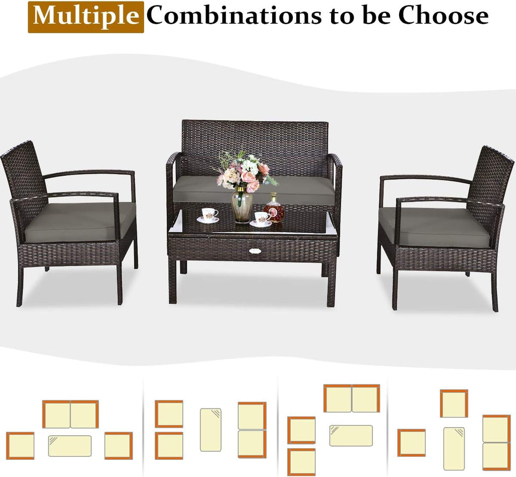 Tangkula 8-PCS Wicker Patio Conversation Furniture Set, Outdoor Rattan Chair and Table Set, Patio Furniture Sets with Coffee Table & Washable Cushions for Courtyard Balcony Garden (2, Brown)