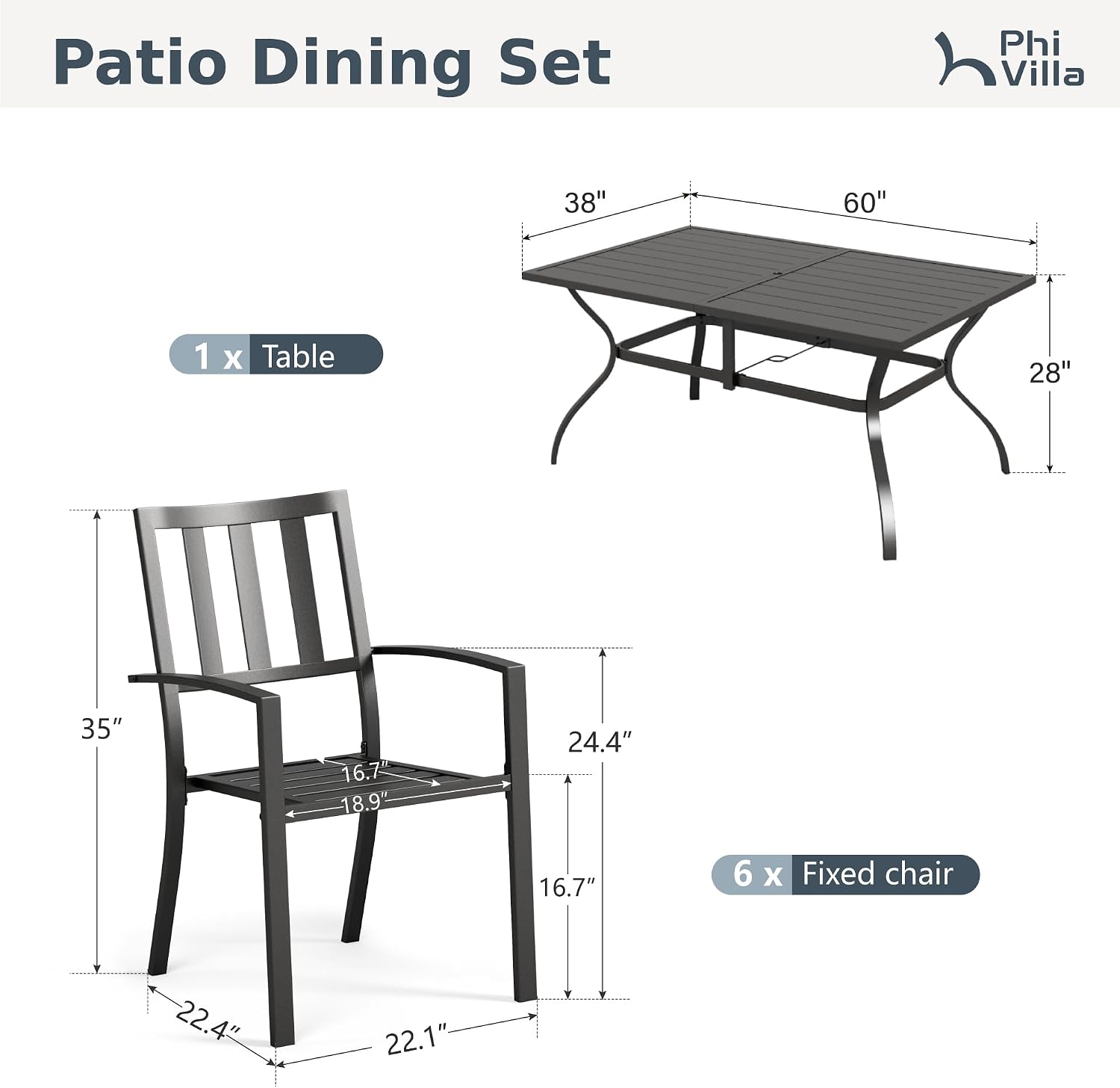 PHI VILLA 7 Piece Outdoor Dining Set for 6, 60' Rectangular Metal Steel Dining Table with Umbrella Hole & Stackable Dining Chairs for Patio, Deck, Yard, Garden