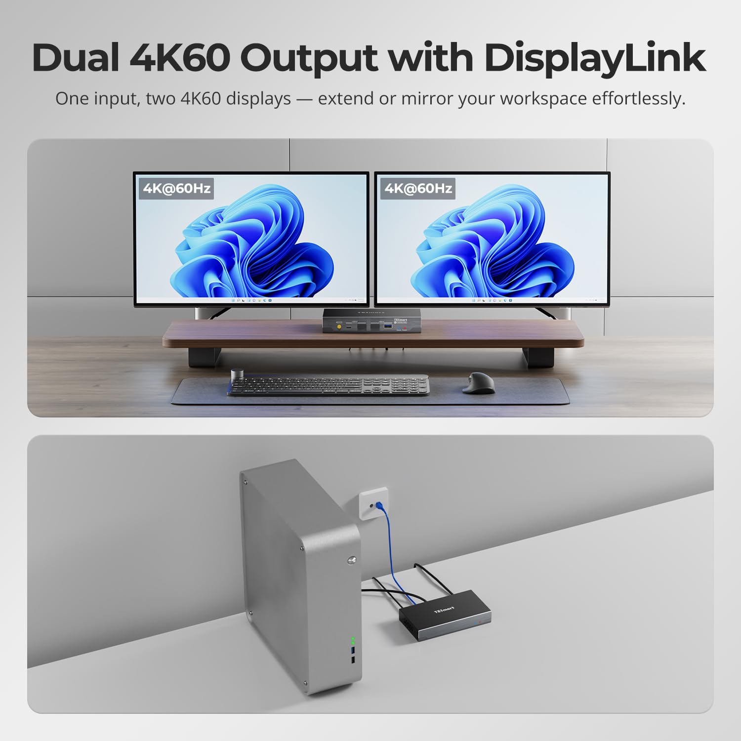 TESmart 4K@60Hz HDMI KVM Extender for Dual Monitor – 328ft/100m Over CAT6a, DisplayLink H.265, Gigabit LAN, USB 3.0, EDID, Remote Power, Audio/MIC, Includes Transmitter & Receiver