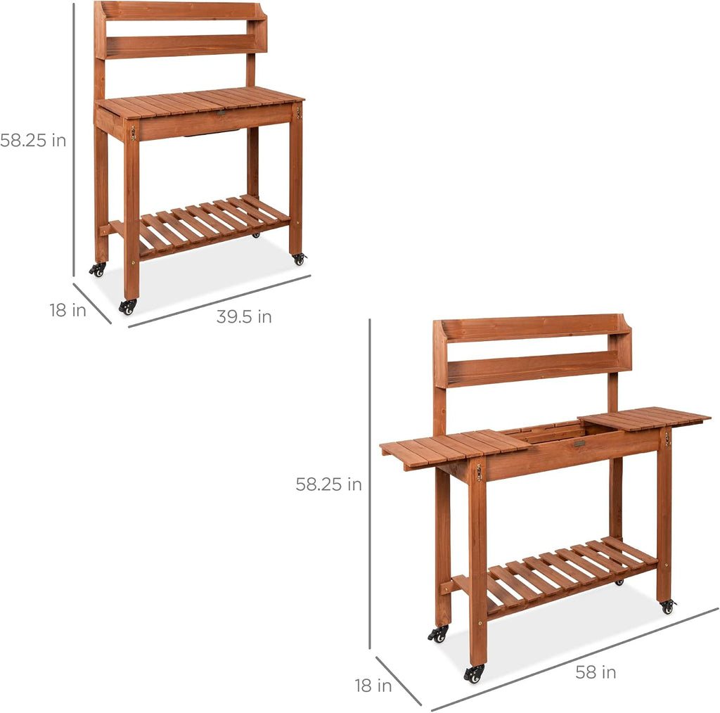 Best Choice Products Mobile Garden Potting Bench, Outdoor Wood Workstation Table w/Sliding Tabletop, 4 Locking Wheels, Food Grade Dry Sink, Storage Shelves - Brown