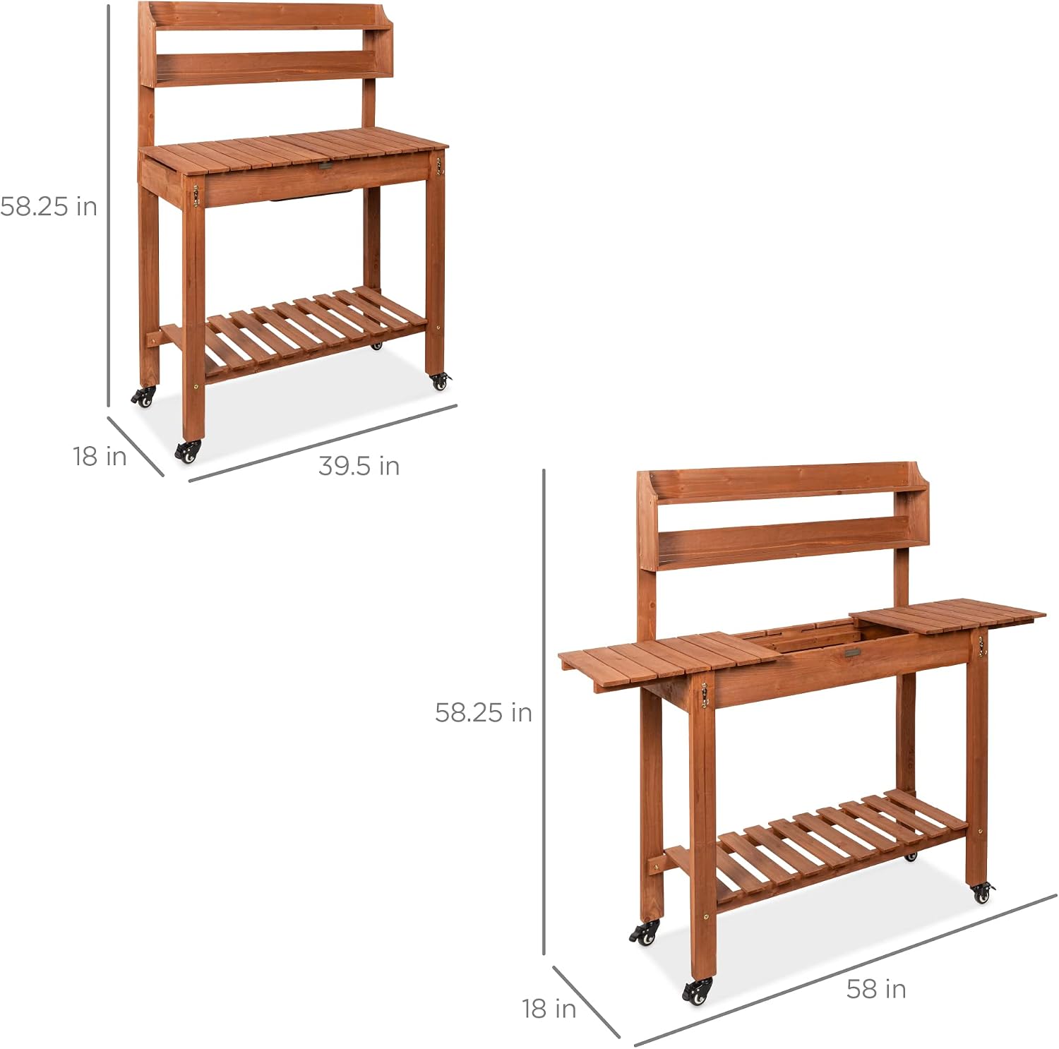Best Choice Products Mobile Garden Potting Bench, Outdoor Wood Workstation Table w/Sliding Tabletop, 4 Locking Wheels, Food Grade Dry Sink, Storage Shelves - Brown
