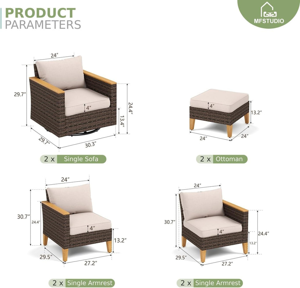 MFSTUDIO 8 Piece Wicker Patio Furniture Sets, 2 x Swivel Sofa, 2 x Ottoman, 4 x Corner Sofa, All-Weather PE Rattan Patio Conversation Set Outdoor Sectional Sofas for Garden(Beige Cushions)