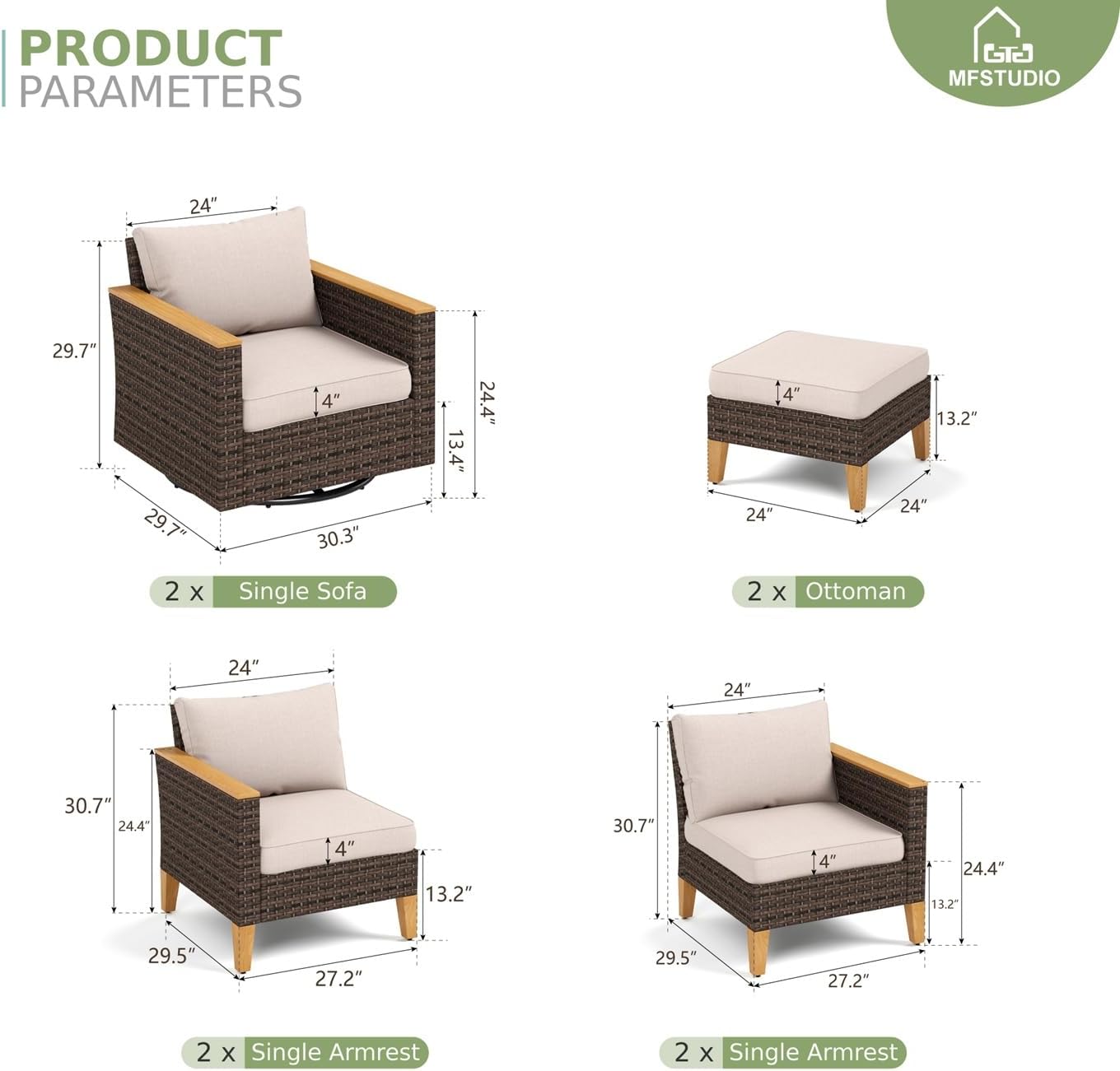 MFSTUDIO 8 Piece Wicker Patio Furniture Sets, 2 x Swivel Sofa, 2 x Ottoman, 4 x Corner Sofa, All-Weather PE Rattan Patio Conversation Set Outdoor Sectional Sofas for Garden(Beige Cushions)