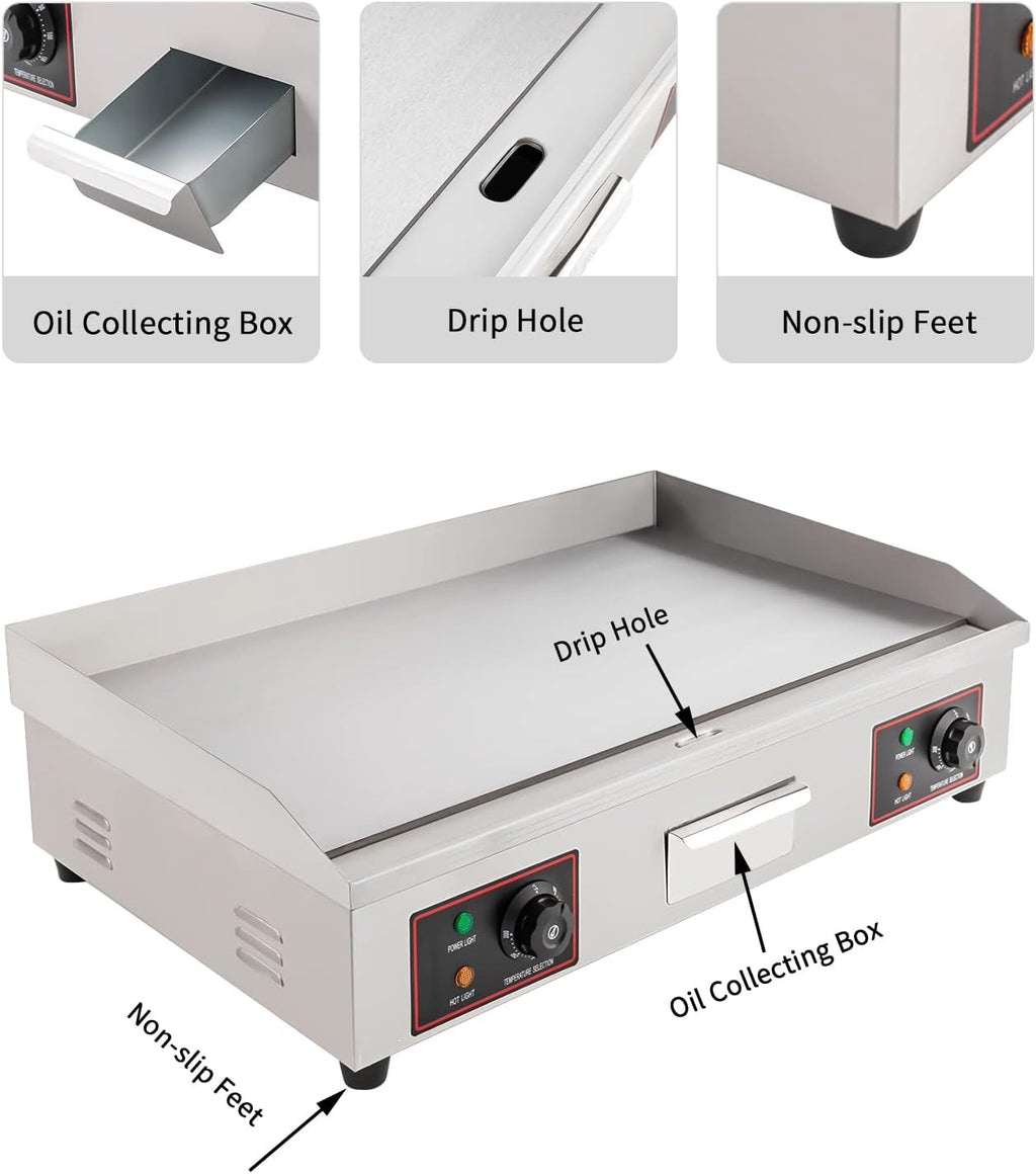 30' Commercial Electric Griddle, 3000W Electric Stove Countertop Flat Top Grill, 110V Non-Stick Stainless Steel Teppanyaki Grill with Adjustable Temperature Control 122°F-572°F(NO PLUG)
