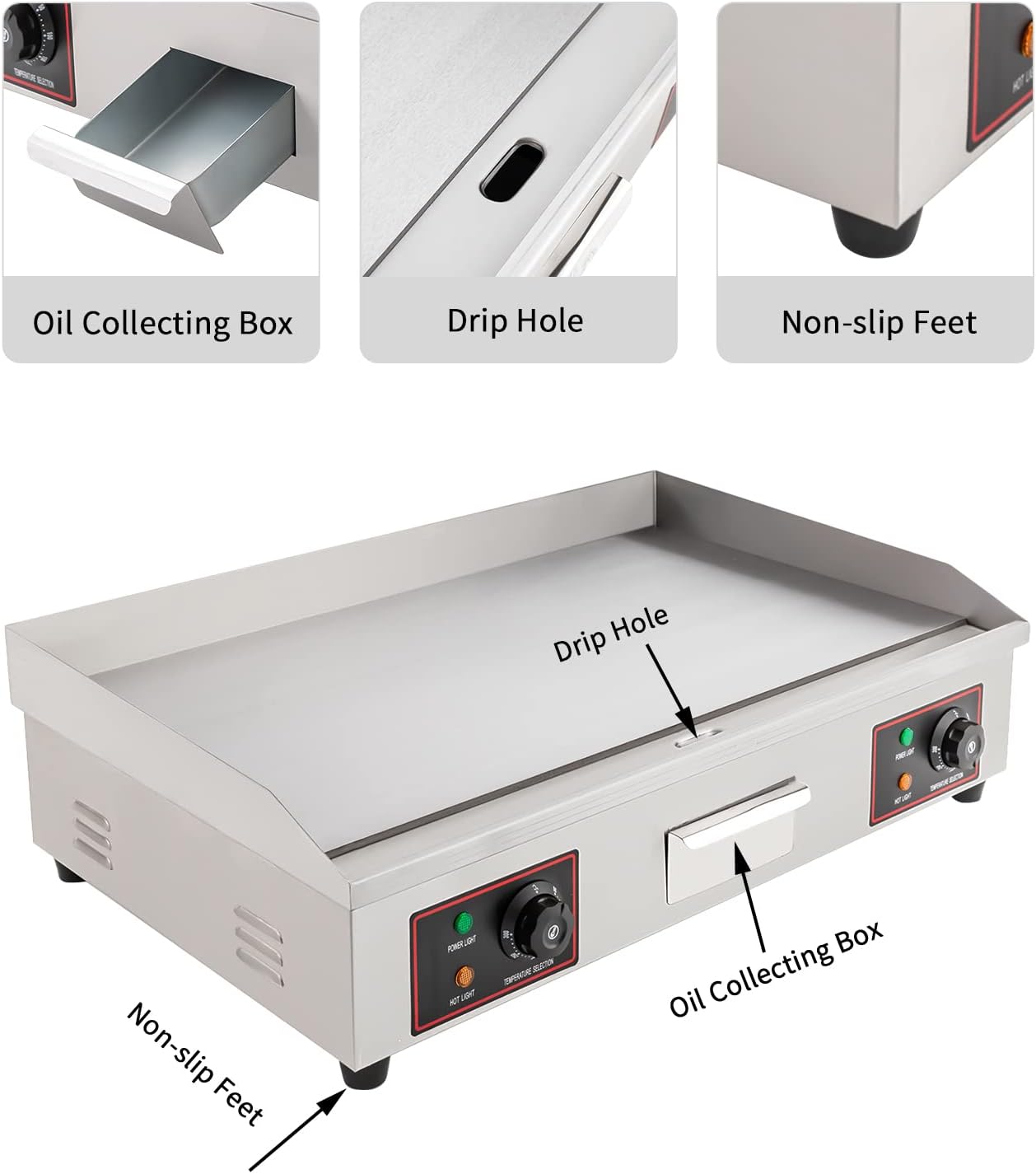 30' Commercial Electric Griddle, 3000W Electric Stove Countertop Flat Top Grill, 110V Non-Stick Stainless Steel Teppanyaki Grill with Adjustable Temperature Control 122°F-572°F(NO PLUG)