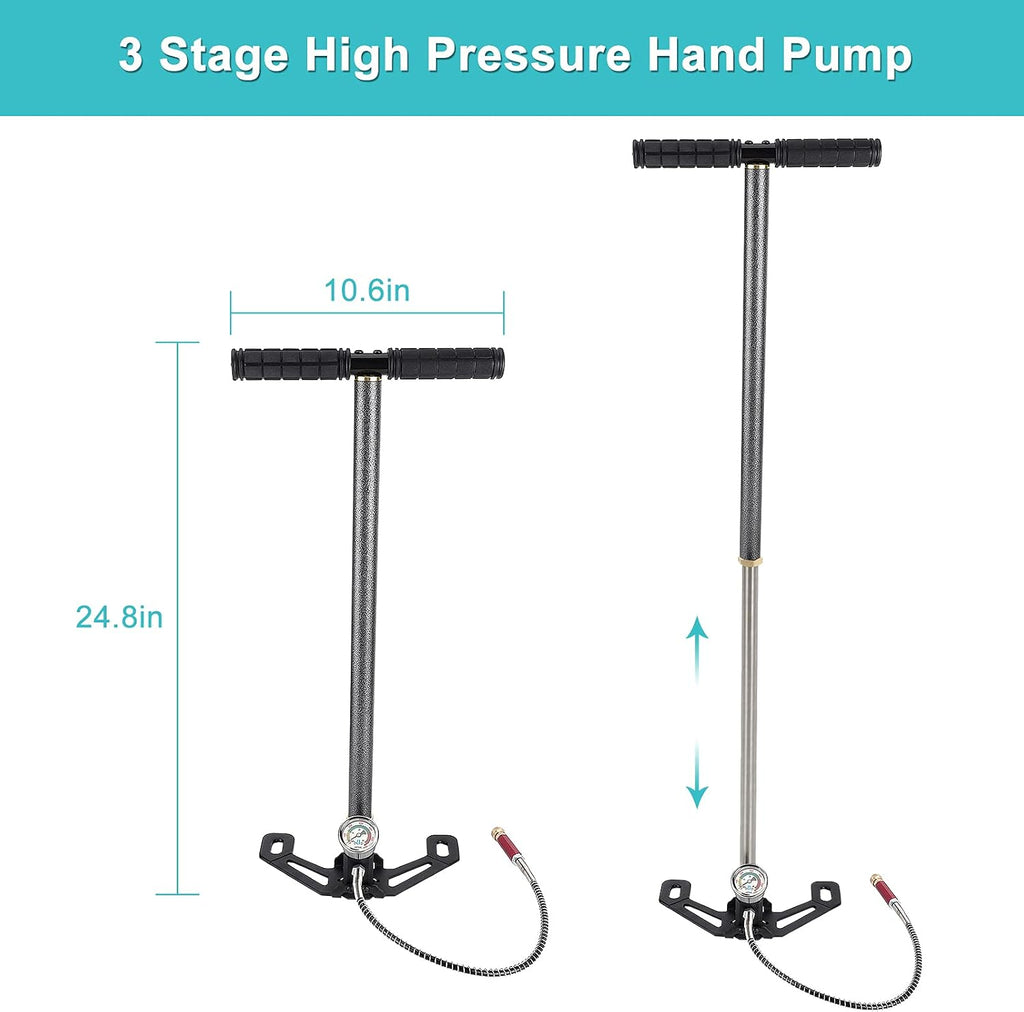 PCP Pump for Air Gun, 3 Stage 6000PSI High Pressure Hand Pump Air Rifle Gun Pump Tungsten Steel with Gauge for High Pressure Tires and Pre-Charged Pneumatic Airguns
