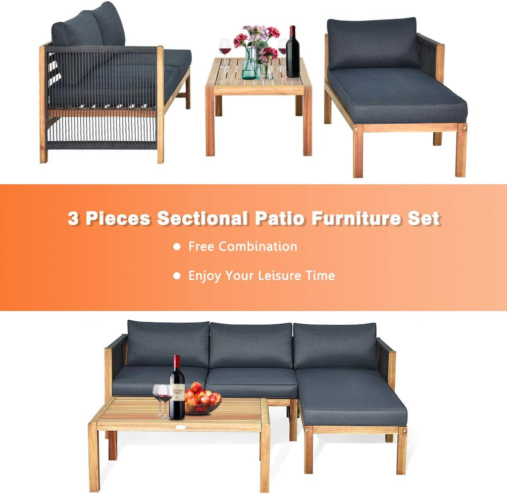 Tangkula L Shape Outdoor Furniture Set, 3 Piece Acacia Wood Patio Conversation Set, with 2 loveseats and Coffee Table, Garden Backyard Poolside Patio Seating Set