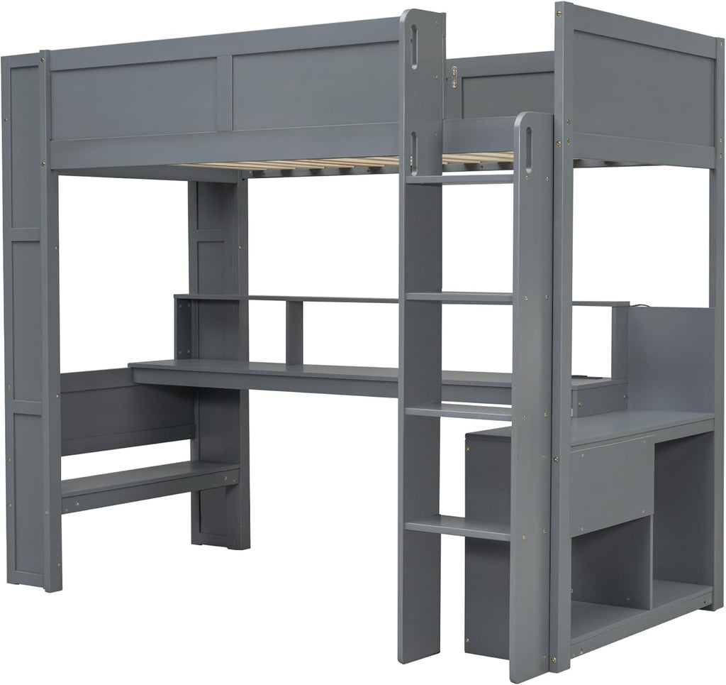 Merax Loft Bed Twin Size with Gaming Desk, Mulfunctional Wood Loft Bed with Storage Shelves, Drawer and Charging Station, for Teens Adults (Dark Grey)