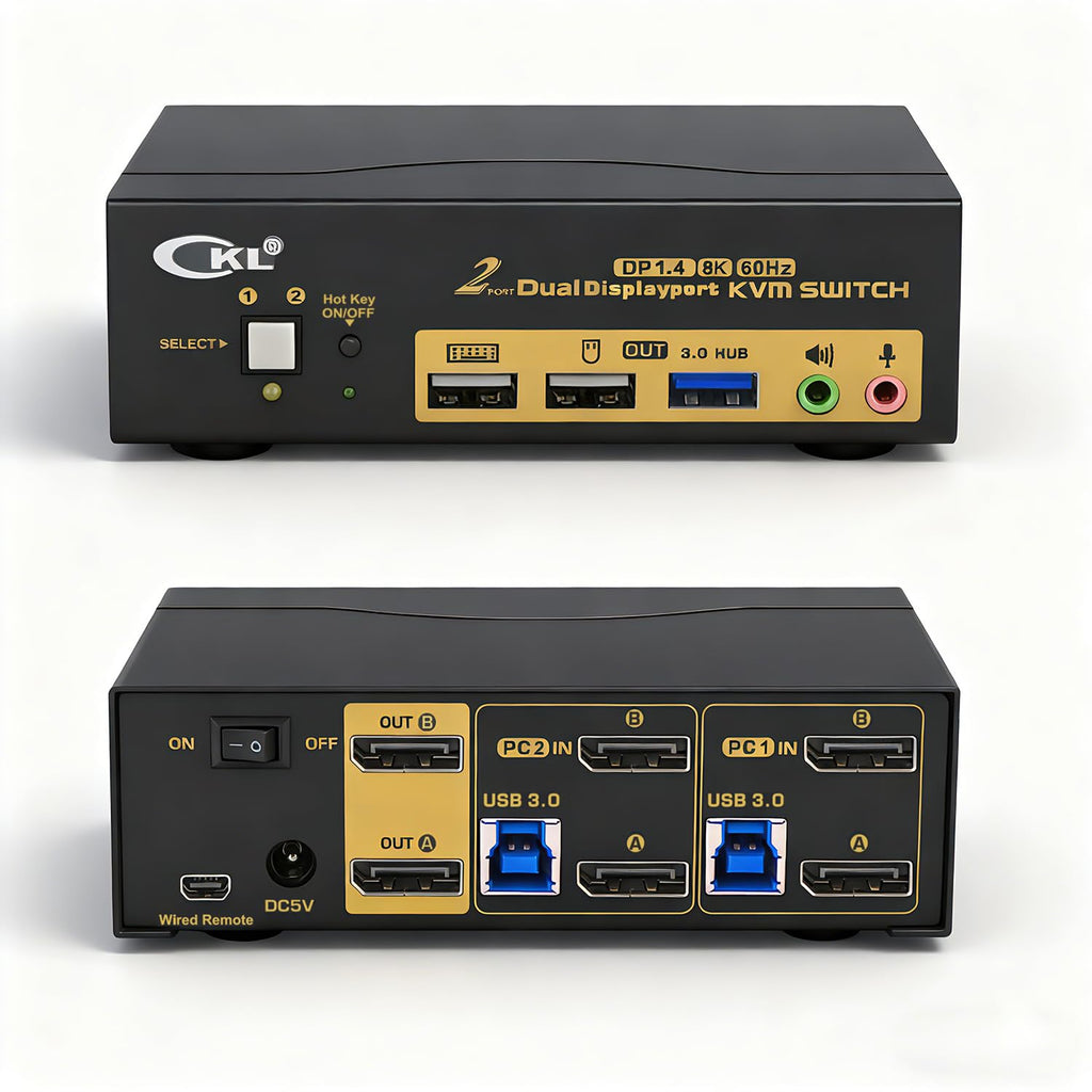 CKL KVM Switch DisplayPort 1.4 8K@30Hz 5K@60Hz 4K@144Hz(2 Computers 2 Monitors)