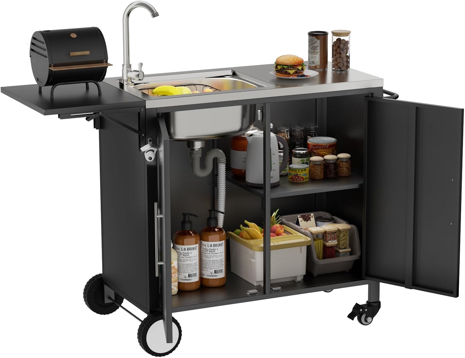 Outdoor Grill Table with Sink, Metal Worktable Kitchen Cabinet Island w/ 304 Stainless Steel Sink, Foldable Top and Storage Cabinet, Rolling Grill Cart with Wheels for Garden, Backyard and Lawn