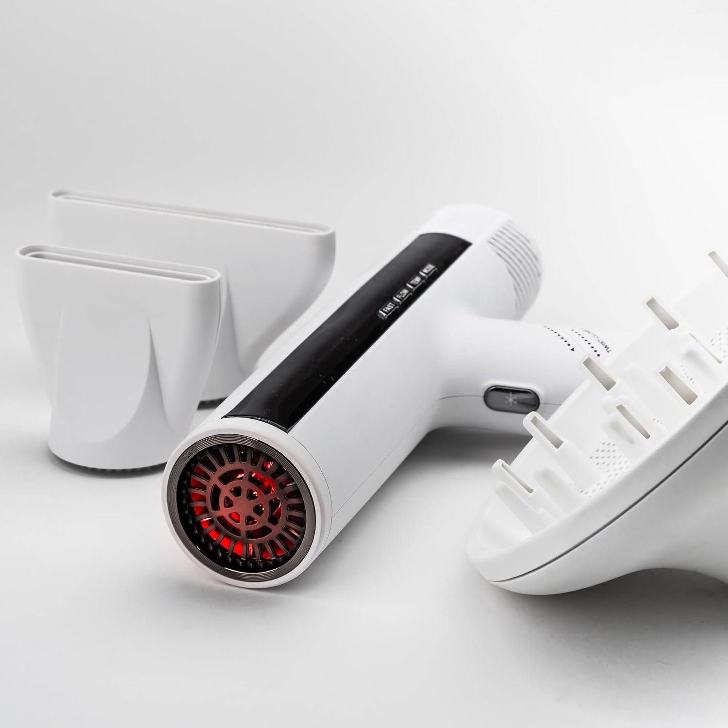 SRILabs DryQ 'Smart' Hair Dryer – White Edition – Super Lightweight, Foldable – Powerful, Quiet Motor – Infrared & Ionic Technology – 3 Magnetic Attachments – Heat Control with Locking Switch