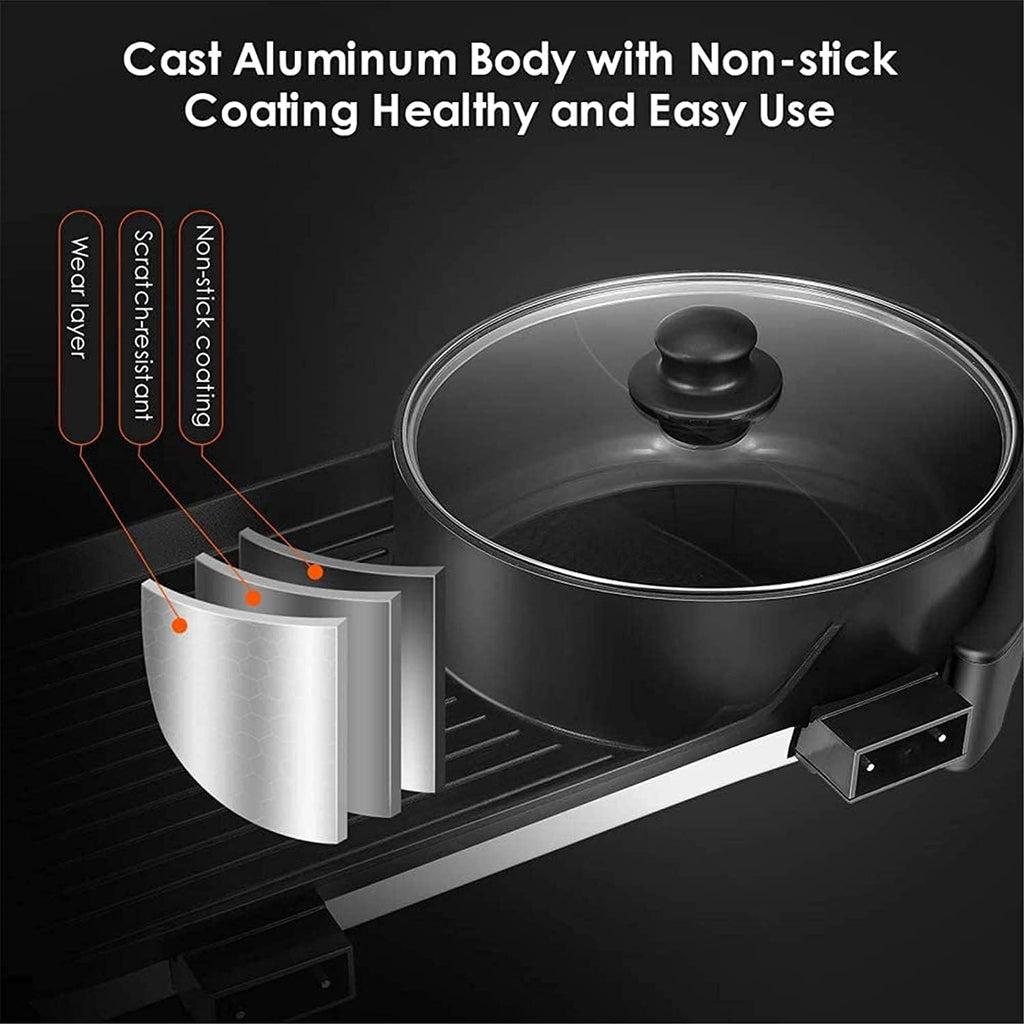 Portable Electric Grill,2 in 1 Electric BBQ Hot Pot Dual Pot,Multifunctional Non-Stick Pan Electric Cooker with 5 Temperature Adjustments