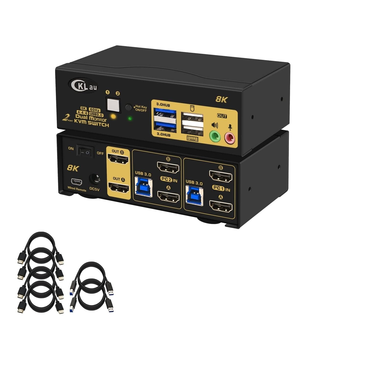 2 Port 8K60Hz 4K144Hz Dual Monitor KVM Switch HDMI with Cables, Audio, Microphone, 2 pcs USB 3.0 Peripheral Hub for Keyboard Mouse 2 Computers Sharing 2 Monitors